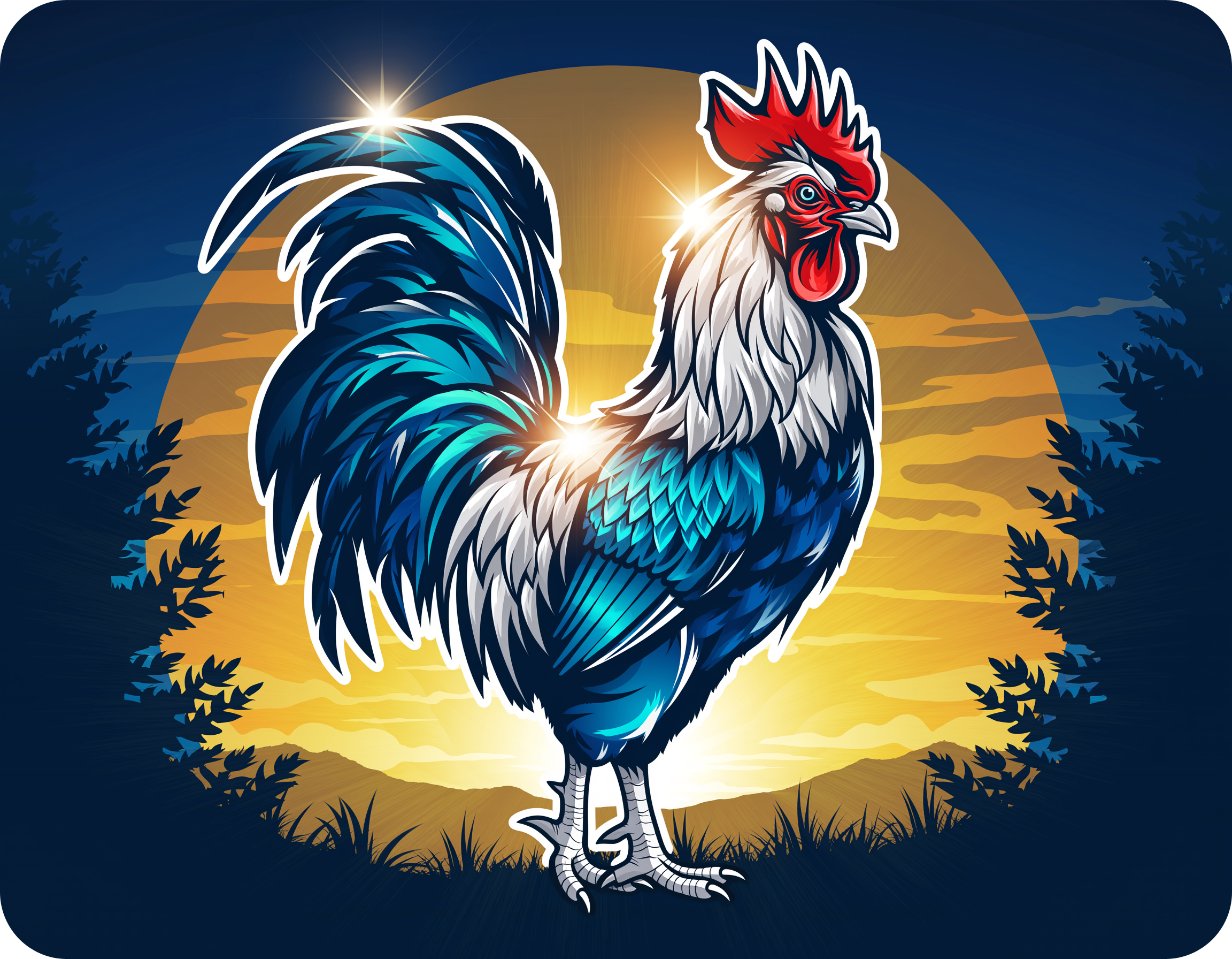 Strong ROGZILLA rooster mascot at sunrise